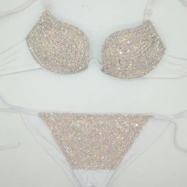 Rhinestone Meshkini 4 Piece Fishnet Bikini Set Fits XS-L