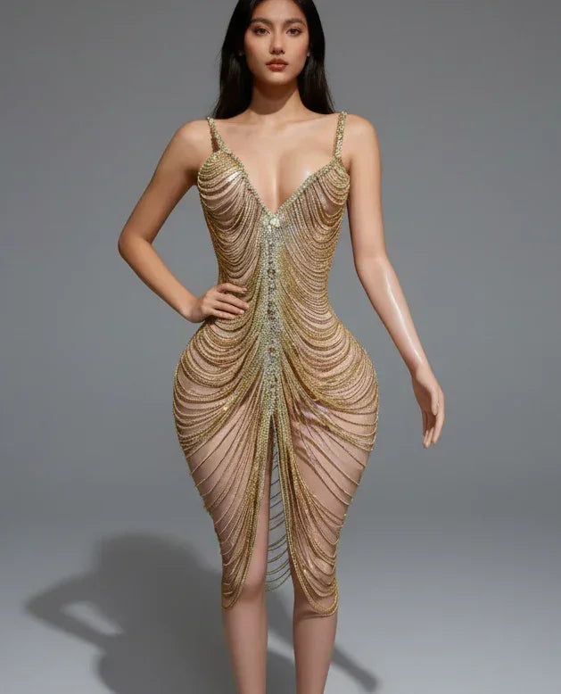 rose gold and red wedding dress Gold Satin Corset Gown with Rhinestone Straps and Leg Slit