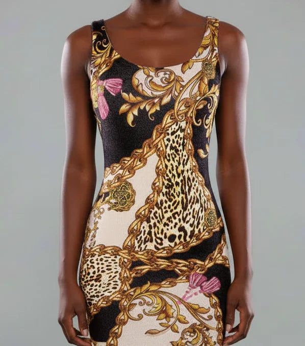 gold chain print dress Small – Flattering Fit Summer Mini Dress Horsehair