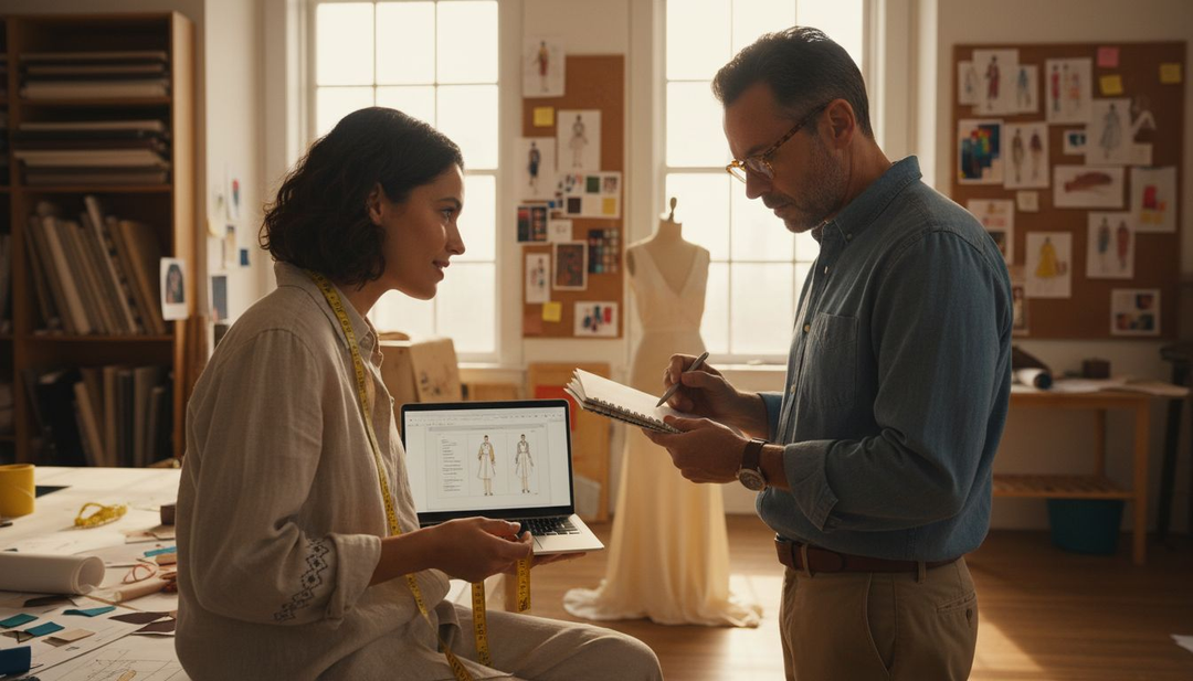 Fashion designer consulting client in studio