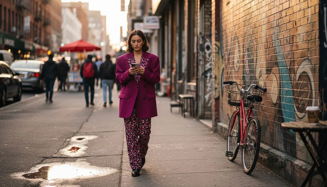 Woman wearing bold blazer on city street