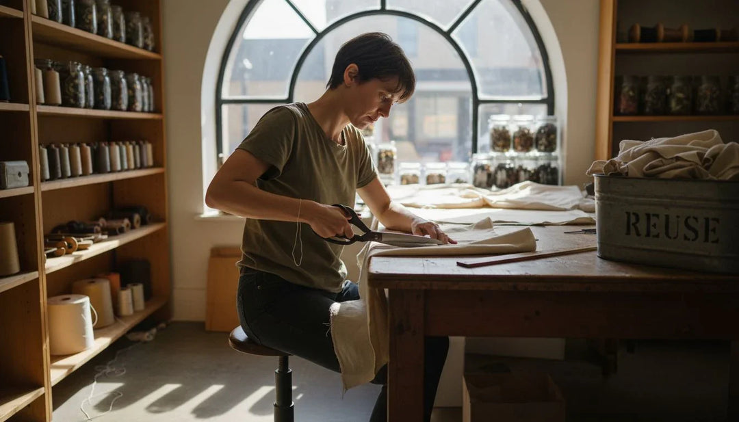 Tailor cutting organic cotton in bright studio