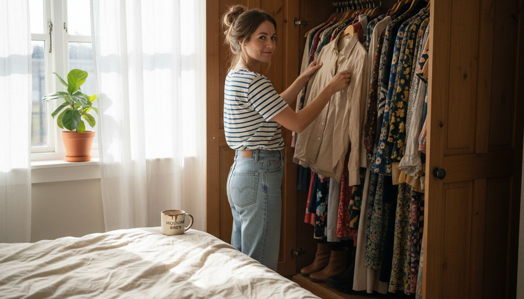 Woman choosing shirt from wardrobe in sunlight
