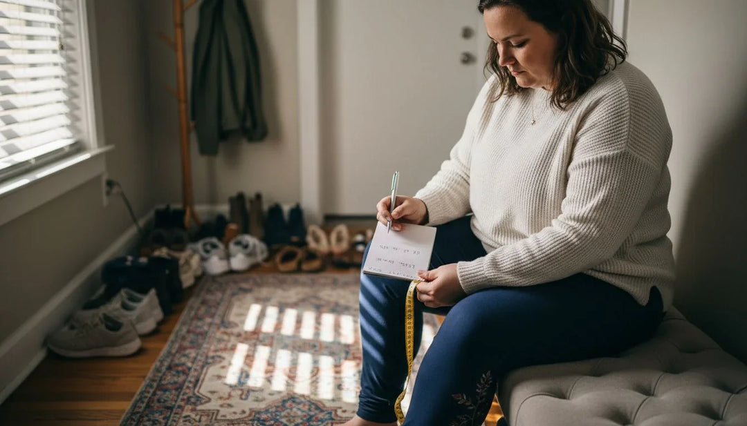 Woman measuring calf for boot fit at home