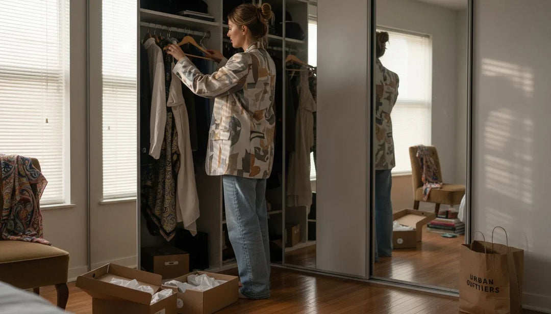 Young woman styling custom wardrobe in bedroom