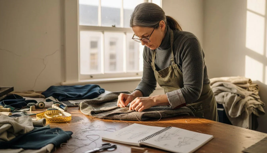 Tailor sewing custom garment in studio