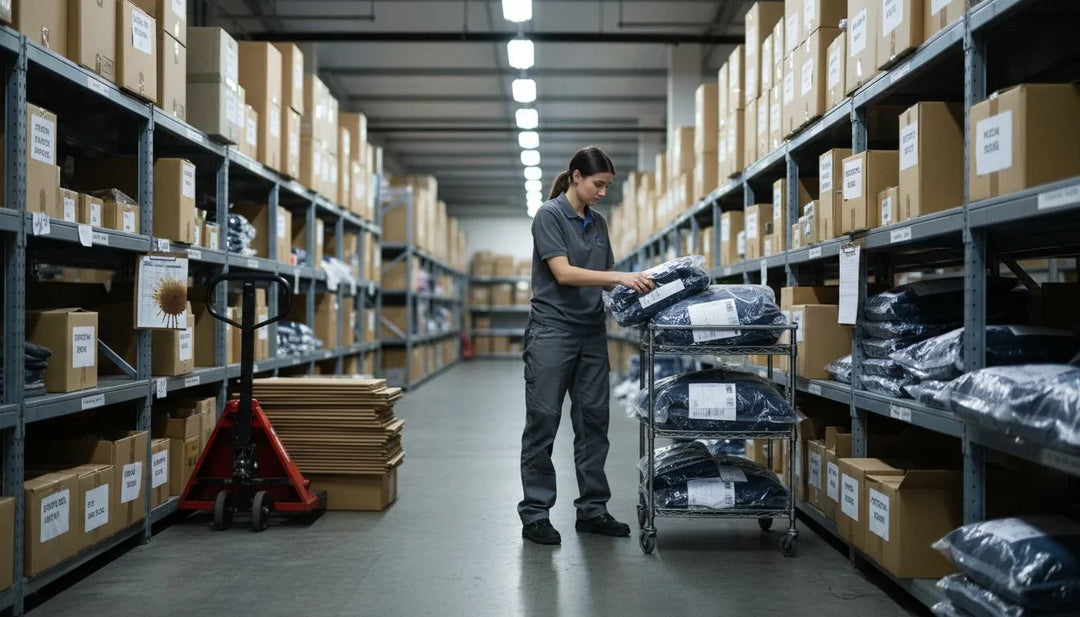 Warehouse worker sorting ready to ship clothing