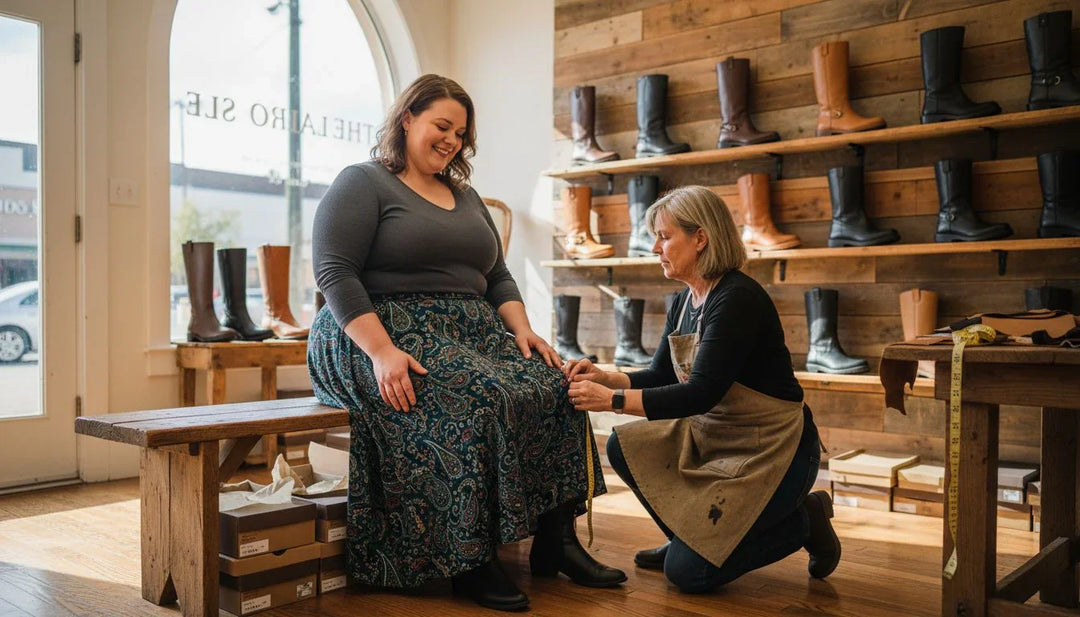 Woman getting custom boot fitting in store