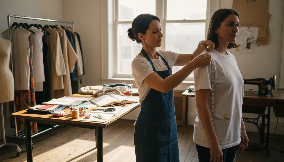 Tailor measuring client in bright tailoring studio