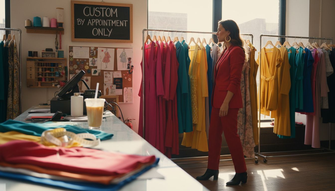 Confident woman browsing custom clothing rack