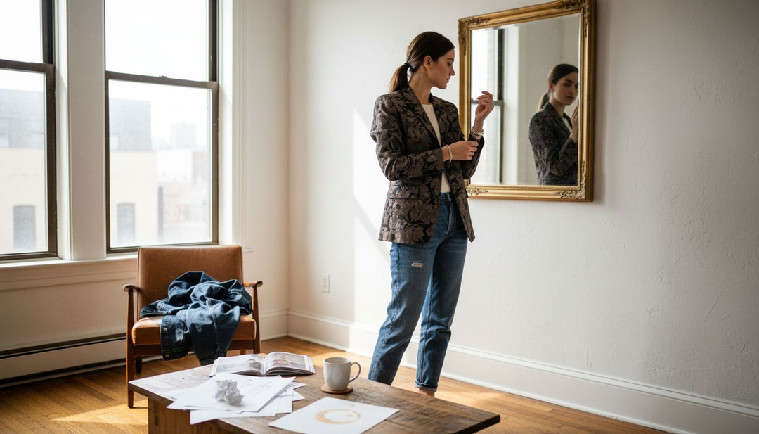 Woman styling custom blazer in sunlit apartment