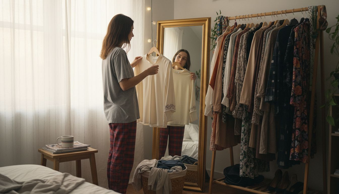Woman styling outfits in apartment bedroom