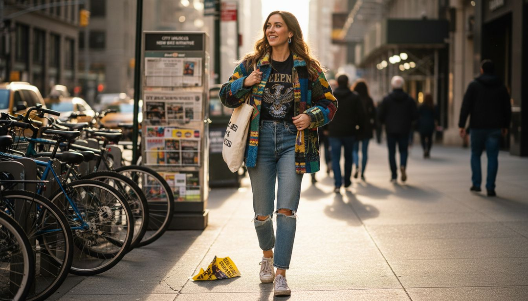 Woman in unique fashion on busy city sidewalk