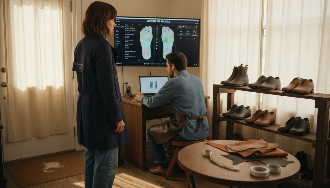 Woman in shoe fitting studio with technician