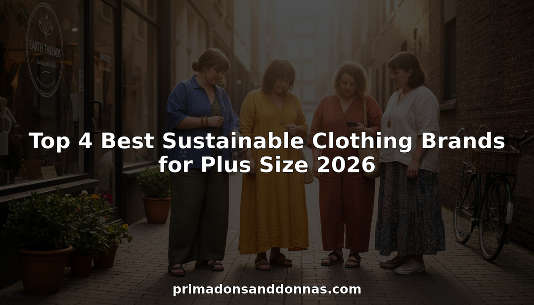 Group of plus size women in sustainable outfits outside boutique