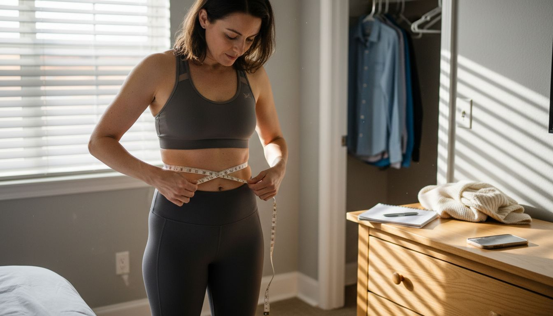 Woman measuring waist with tape in bedroom