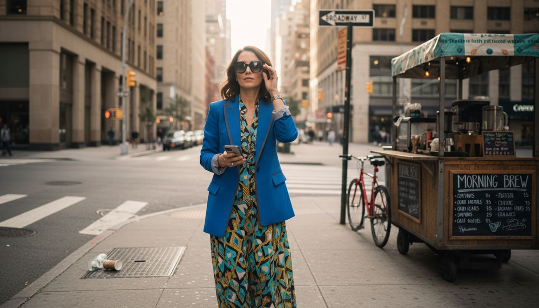 Woman in bold fashion walking city street