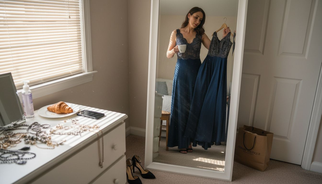 Woman choosing special occasion outfit in bedroom