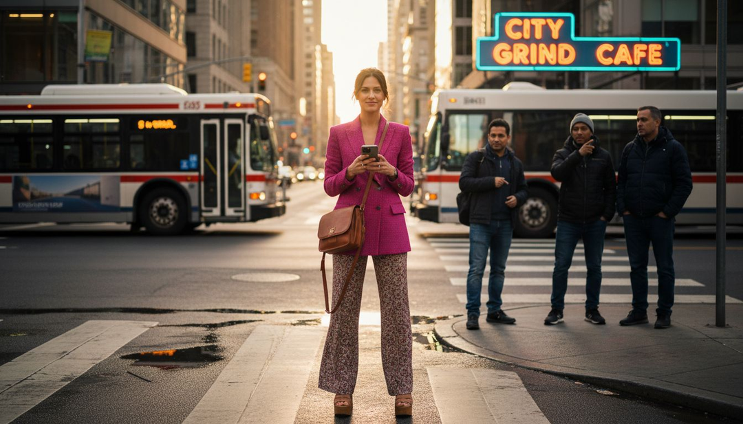 Confident woman in bold magenta blazer downtown