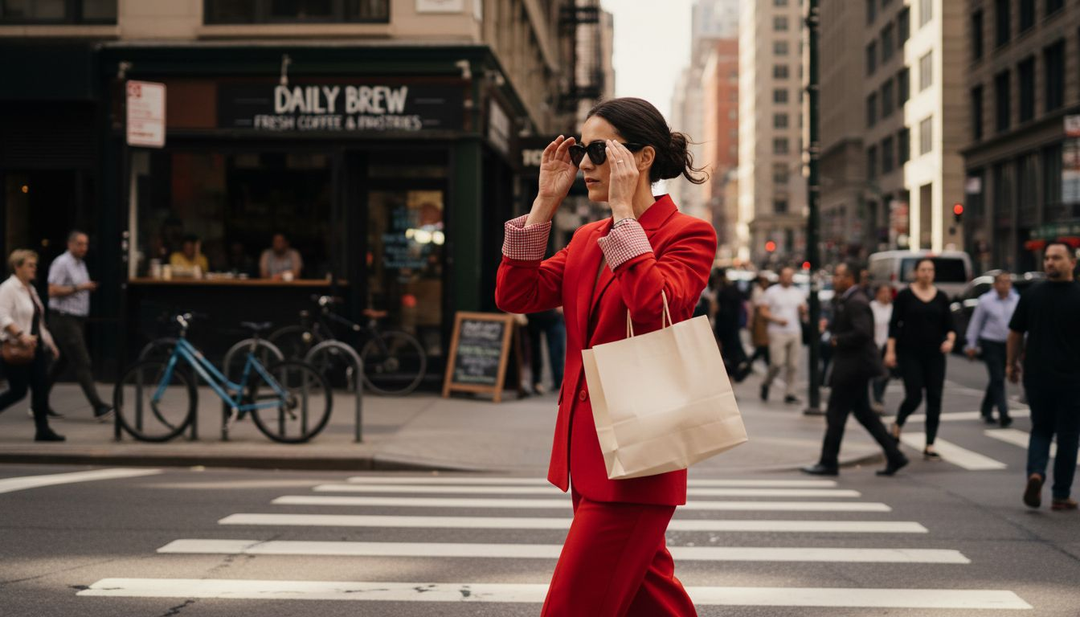 Woman in red suit walking confidently downtown