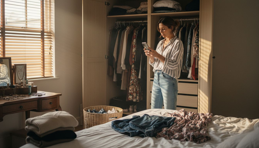 Woman conducting wardrobe audit for custom outfits
