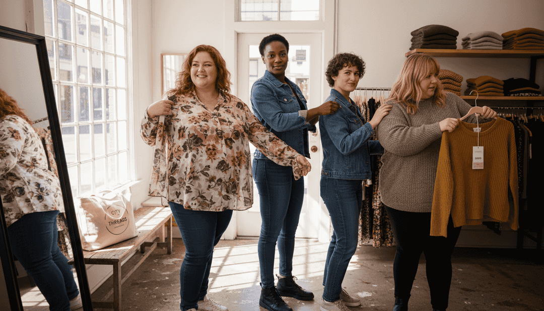 Diverse women shopping plus-size clothing together