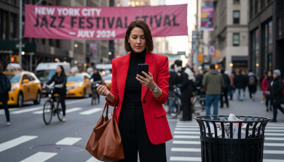 Confident woman in bold statement fashion on city street