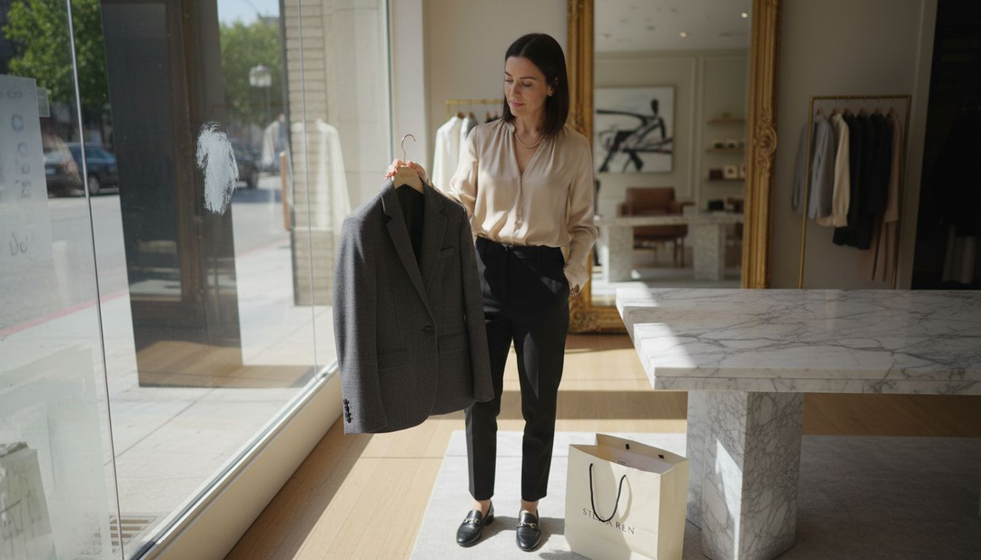 Woman browsing blazer in luxury boutique