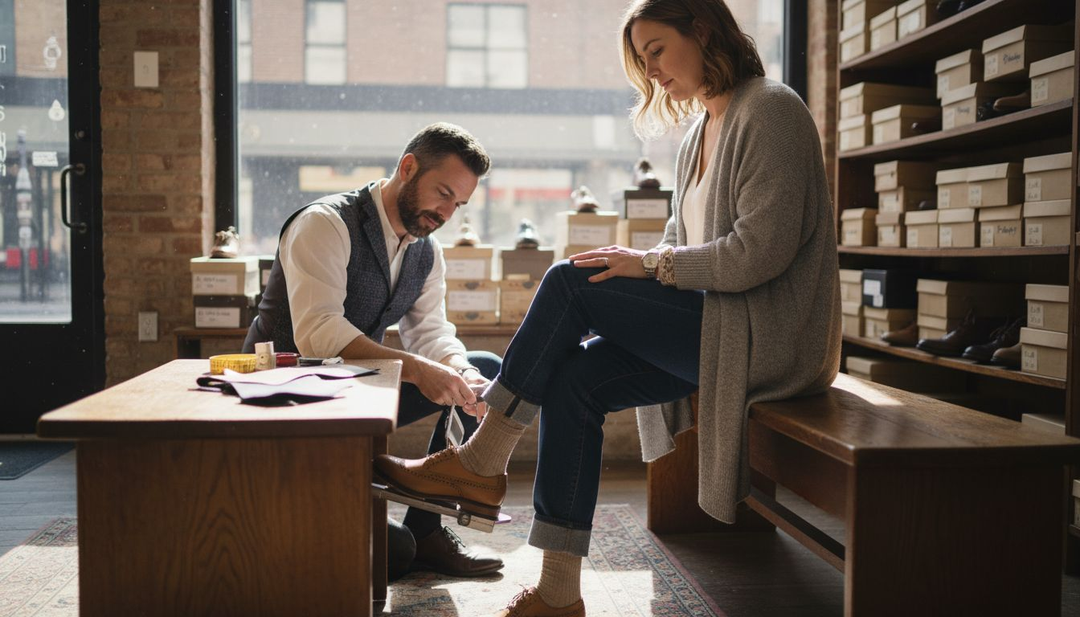 Woman trying custom made-to-order shoes