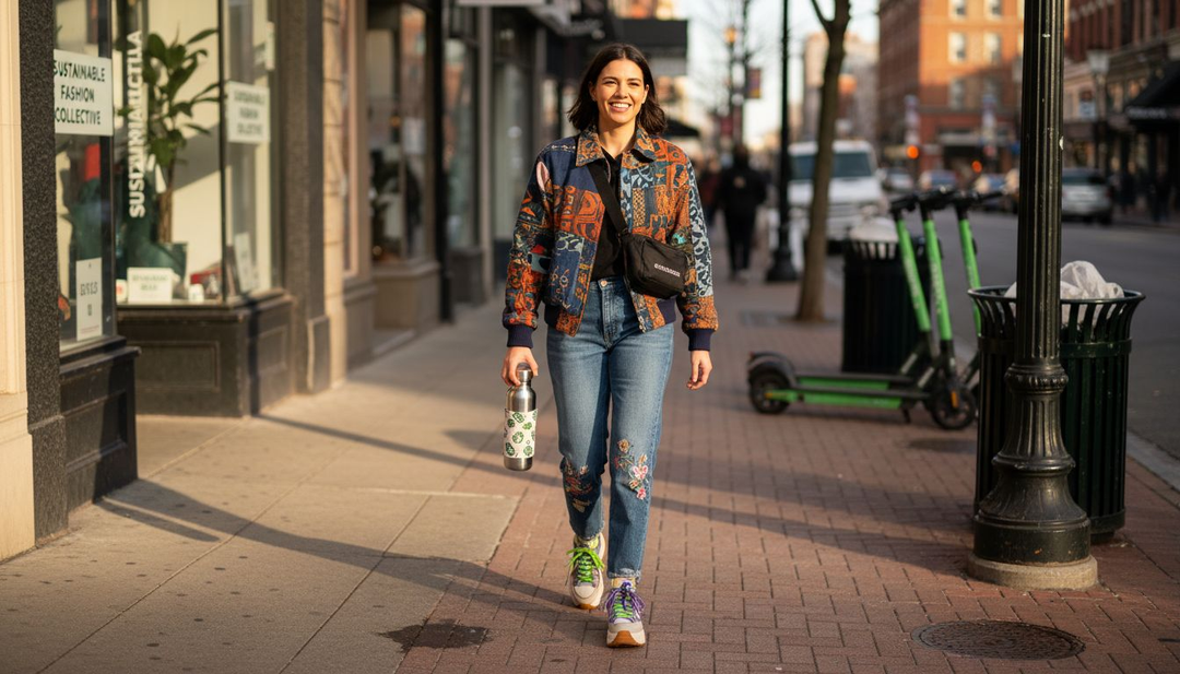 Woman in sustainable fashion on urban sidewalk
