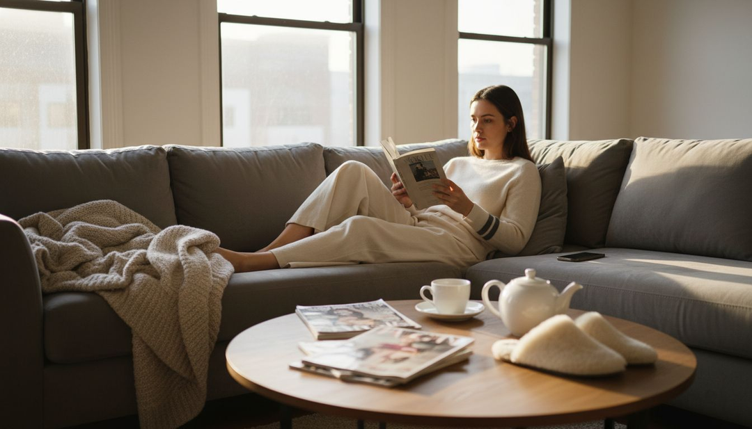 Woman relaxing in luxury comfort clothing