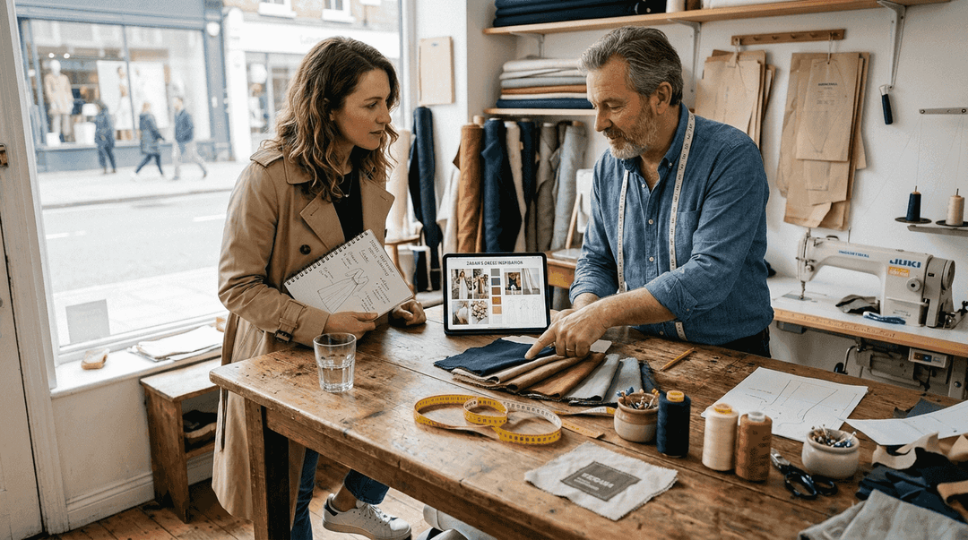 Client and tailor discuss custom fashion choices