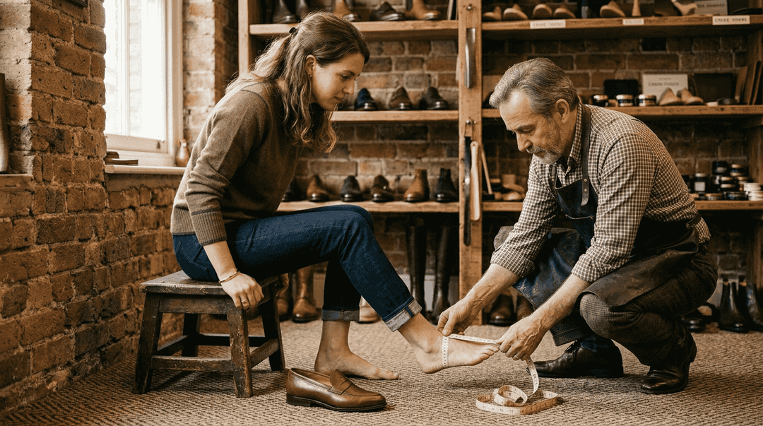 Customer fitted for custom leather footwear