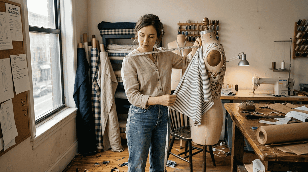 Woman measures fabric in tailor studio