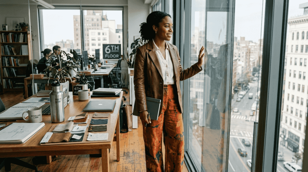 Bold sustainable outfit in office setting