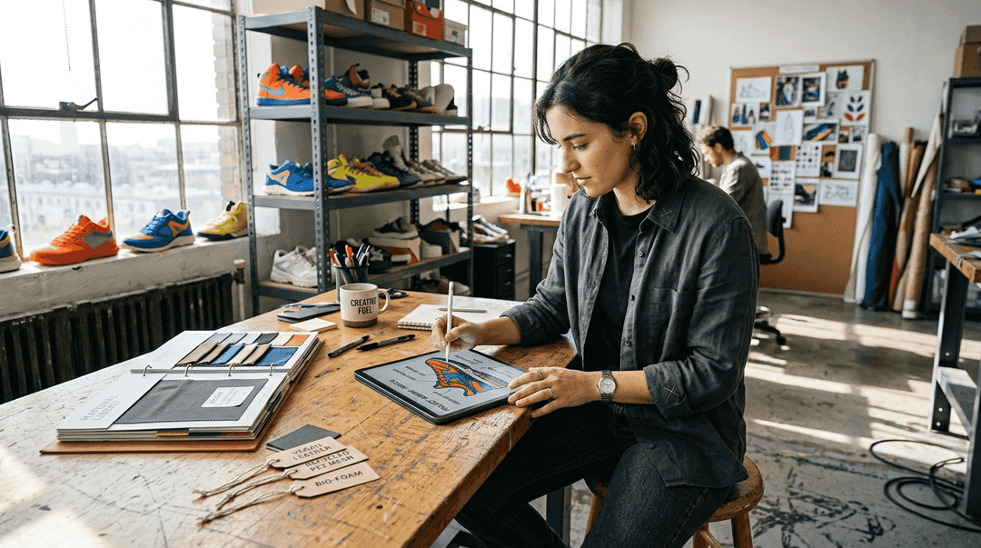 Designer sketching custom eco-friendly shoes