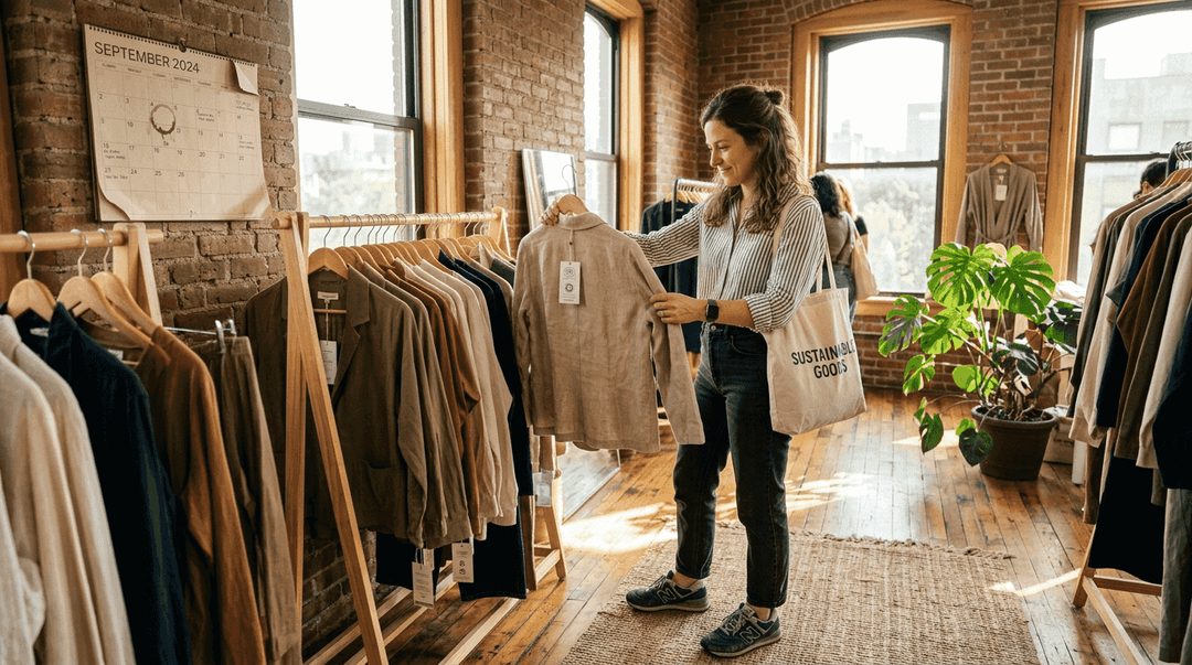 Woman browsing eco-friendly fashion rack