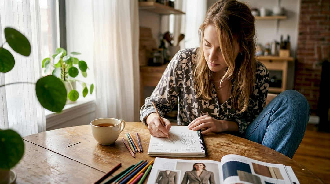 Woman planning fashion personalization at kitchen table