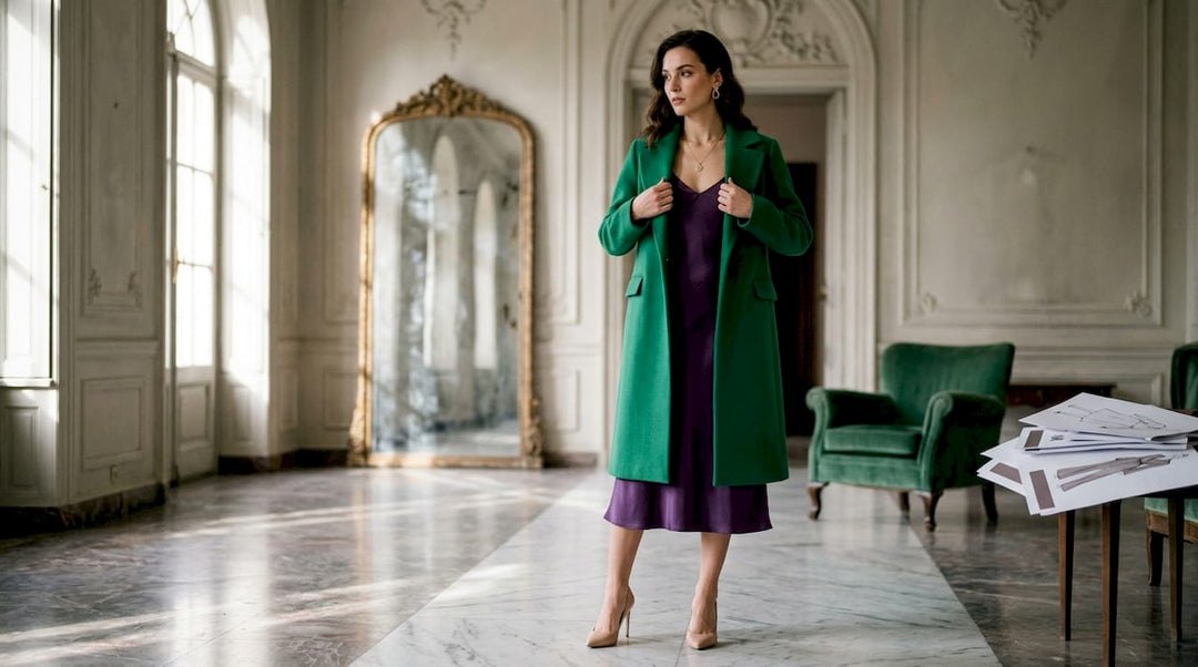 Model in bold colored luxury fashion on runway