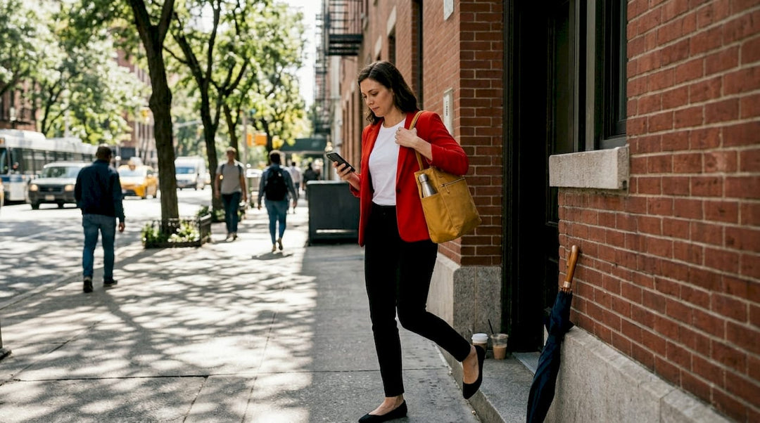 Woman leaving apartment in bold, stylish outfit