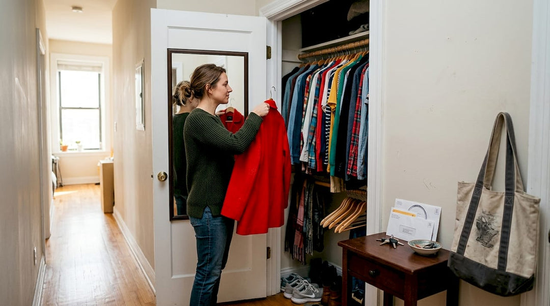 Woman choosing bold colored jacket in hallway