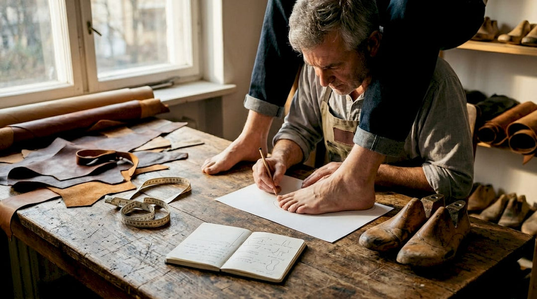 Shoemaker tracing foot in artisan studio