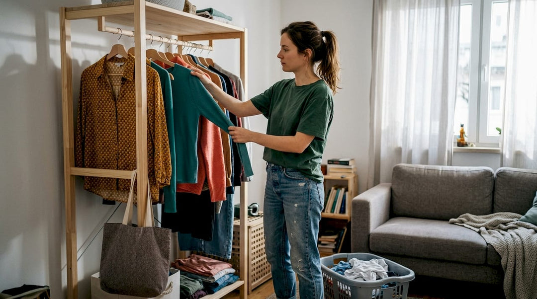Woman sorting clothing in home wardrobe