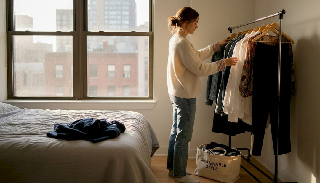 Woman sorting clothes in urban bedroom closet
