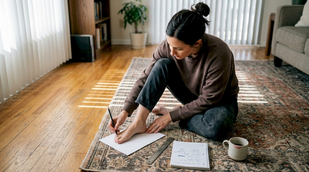 Woman tracing foot on paper at home