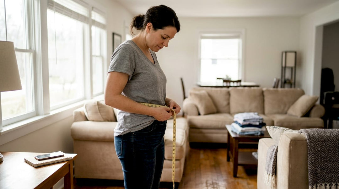 Woman measuring waist in home setting