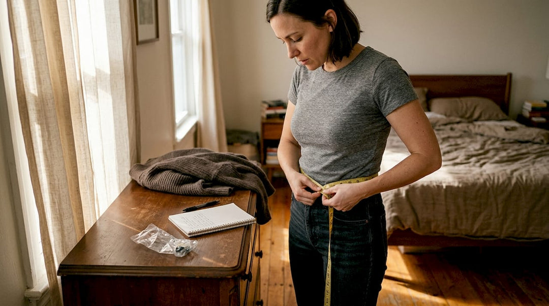 Woman measuring waist at home with tape measure