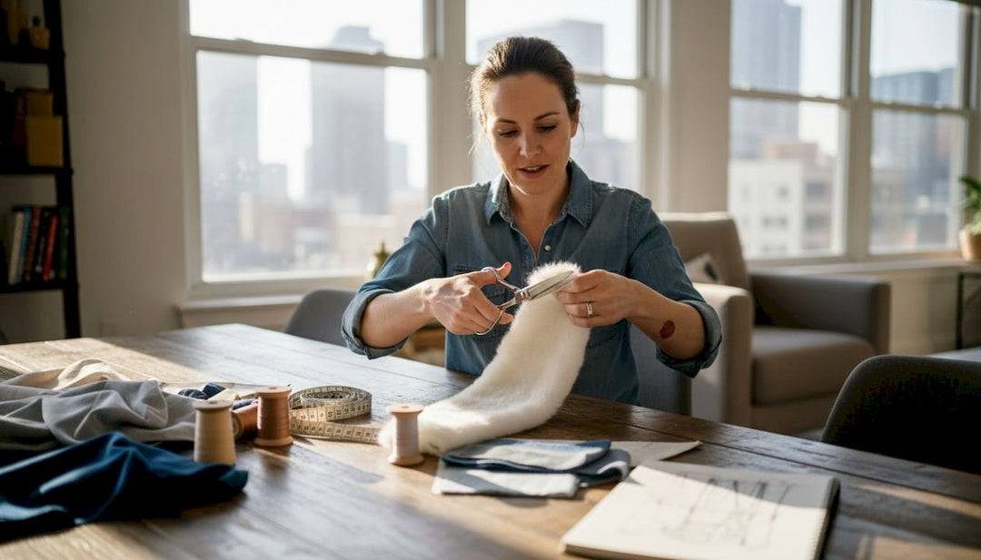 Woman preparing faux fur trim at home