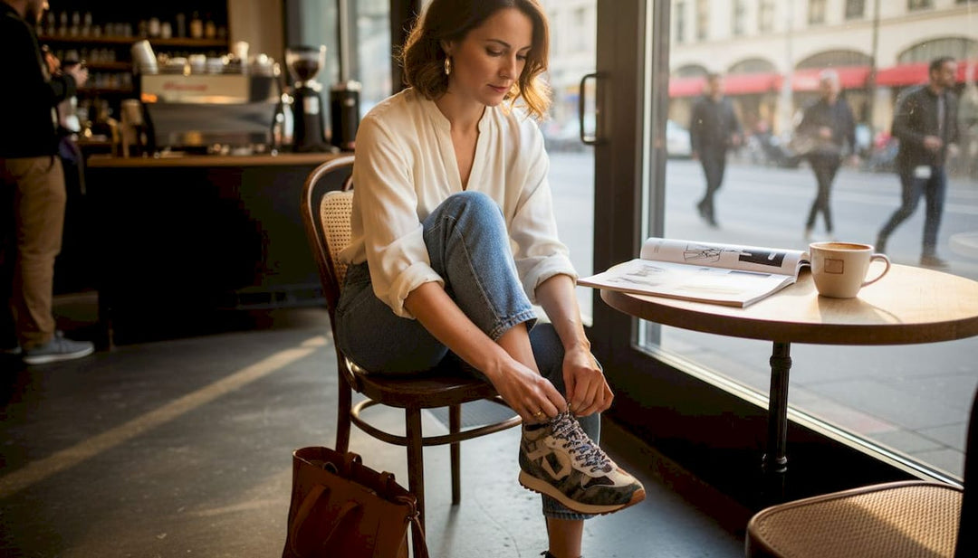 Woman lacing custom shoes in café