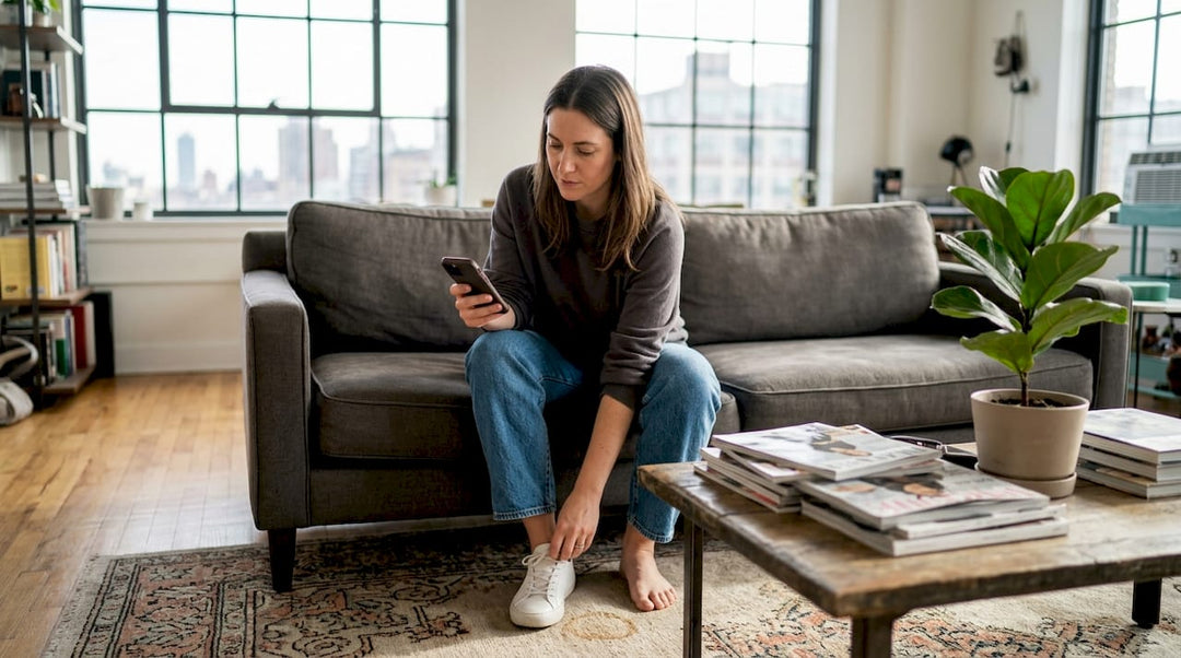 Woman trying on shoes in relaxed living room